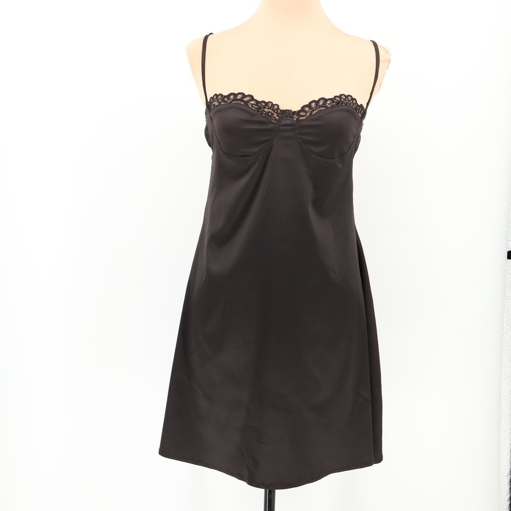 Black Satin Lace Mini Dress Lingerie Chemise Open Back Party Cocktail LBD Size M